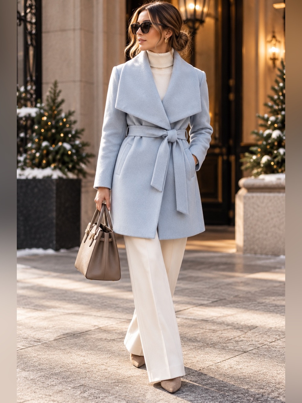 Cole Haan Signature Powder Blue Wool Blend Belted Wrap Coat Size 8